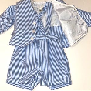Crown And Ivy Baby Boy Blue & White Seersucker Suspender Shorts With Jacket, 18M